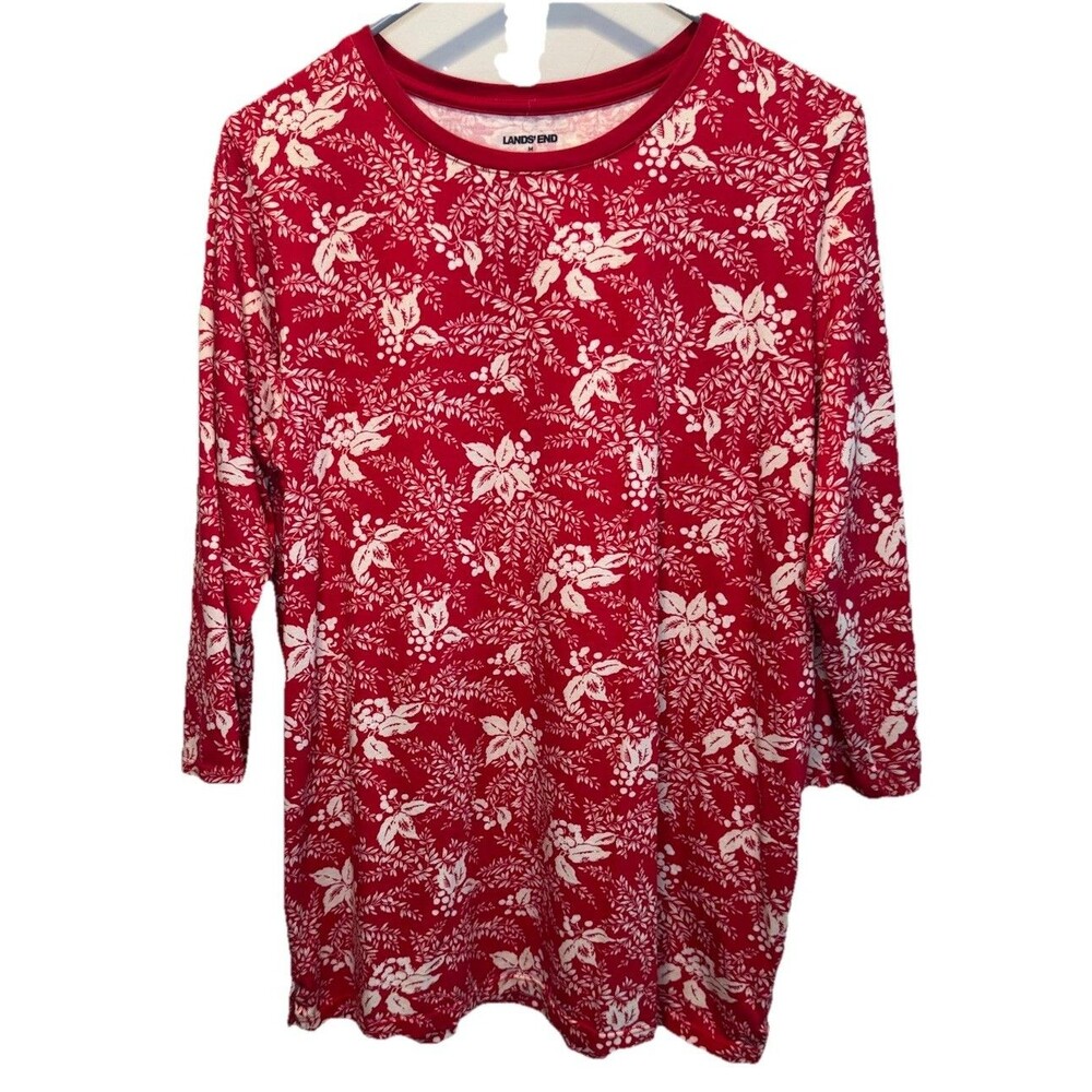 Lands End Red White Floral Supima Cotton 3/4 Sleeve Pullover Crew Neck Top M